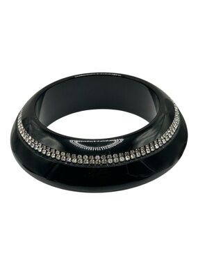 Vintage Black Lucite Rhinestone Huge Saucer Bangle Bracelet